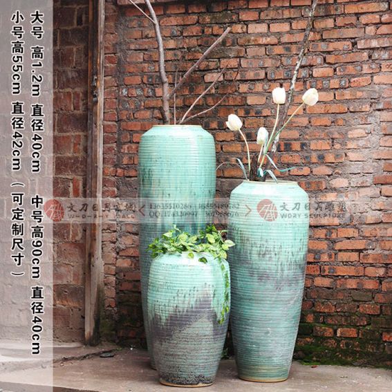 新中式做旧陶瓷花盆客厅玄关插花落地大花瓶陶罐粗陶组合摆件